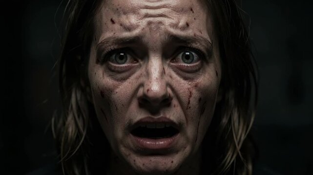 A close-up of a woman with blood and dirt on her face, looking distressed.