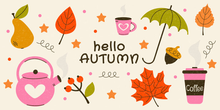 Hello Autumn Banner with teapot, aspen and maple leaves, acorn, pear, coffee to go, rowan berries, umbrella and cup of tea. Vector design