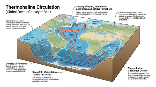Educational Illustration of the Thermohaline Circulation and the Global Ocean Conveyor Belt System across the Earth's Oceans