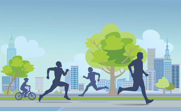 Young man jogging in the park of City. Flat illustration