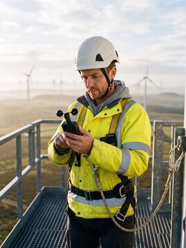 Servicetechniker pr&uuml;ft in Nahaufnahme den Windmesser auf der Plattform einer Windkraftanlage im Windpark
