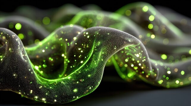 Translucent matte fabric with interwoven glowing green filaments representing the integration of light-sensitive layers into medical-grade textiles for the treatment of neonatal jaundice art 