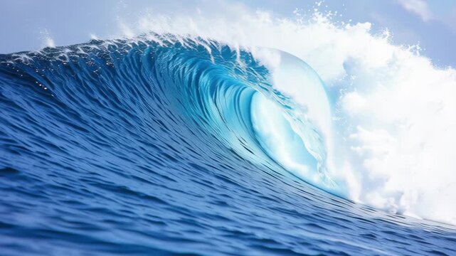 Waves roll and crash at the beach on a sunny day