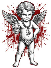 Obraz premium Rebellious cupid cherub spray graffiti tattoo splatter on transparent background apparel print brings edgy urban street art vibes with red paint drips for alternative clothing brands.