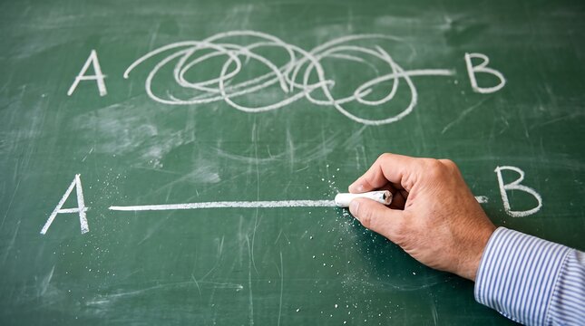 Hand drawing a simple, direct straight line with chalk from point A to point B on a chalkboard, contrasting a complex path.