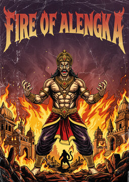 Rahwana Standing in Burning Alengka City Illustration