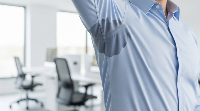 Employee in a light blue button-down shirt displays a visible sweat patch on their underarm in an office.