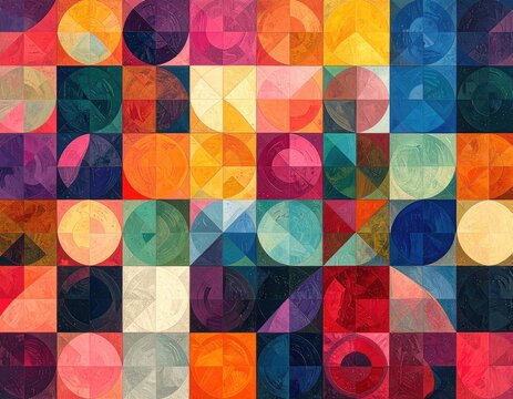 Geometric mosaic of colorful circles and squares, abstract pattern