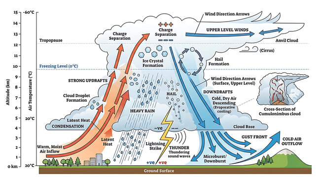 Detailed Scientific Diagram of Thunderstorm Formation Showing Updrafts Downdrafts and Meteorological Processes