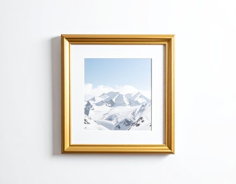 Golden framed winter mountain landscape with soft clouds and blue sky