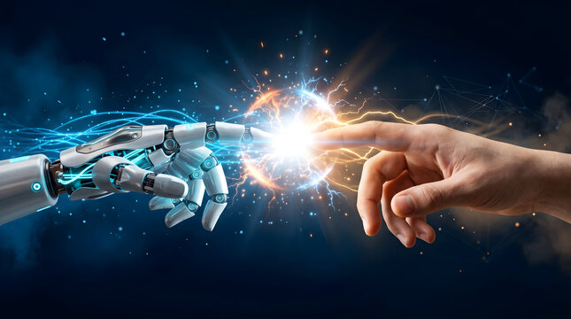 Robotic cyborg hand touching human finger with glowing electric energy spark artificial intelligence connection futuristic technology concept 3D render background illustration