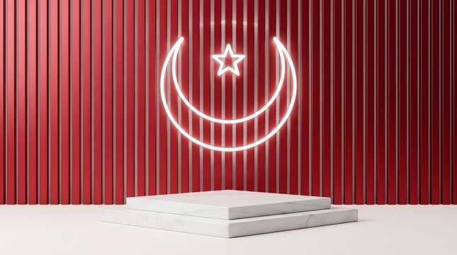 High end luxury tech product backdrop with turkish crimson red metal louver wall and marble platform