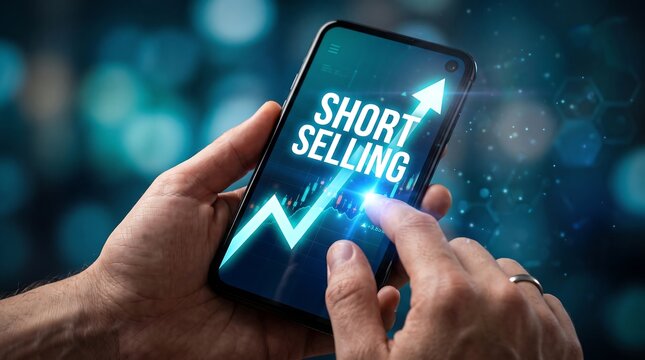Hands holding a smartphone displaying a stock market chart and "SHORT SELLING" text with a rising arrow, representing online financial trading and modern investment.