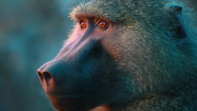 This captures the stunning details and vivid colors of a monkey's face in extreme close-up. The eyes are full of expression, adding depth to the .