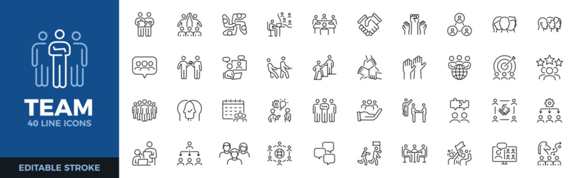 Team icon set. Collaboration, teamwork, business people, partnership and workplace communication thin line icons. Editable stroke vector illustrations.