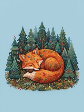 Sleeping Fox in a Cozy Winter Forest 