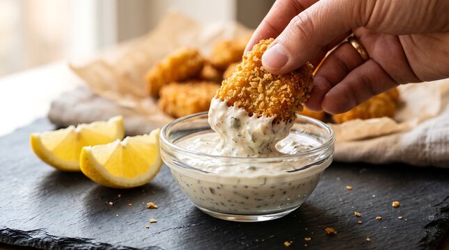 A hand dips a crispy golden nugget into creamy herb tartar sauce, served with fresh lemon wedges on a dark slate board.