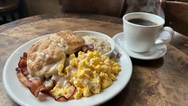 A delicious plate of breakfast food featuring scrambled eggs, crispy bacon, and fluffy biscuits on a dining table.