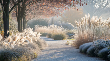 Obraz premium Frosty Garden Pathway with Ornamental Grasses in Winter Morning