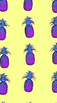 Seamless young vertical video of cartoon style pineapples with fluorescent colors isolated with copyspace. Stop motion minimal fluor duotone comic style background pink and blue.