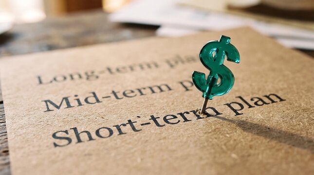 A green dollar sign pushpin pinned onto a paper list next to the text "Short-term plan", symbolizing financial strategy, budgeting, and immediate monetary goals.