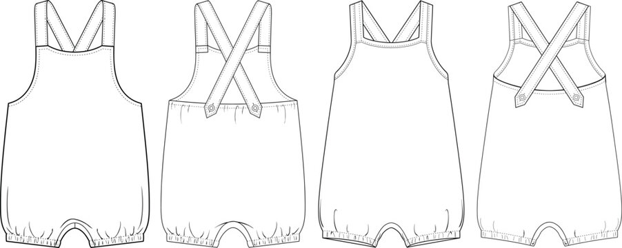 Technical line art baby romper template featuring cross back straps for kids apparel manufacturing vector flat sketch illustration