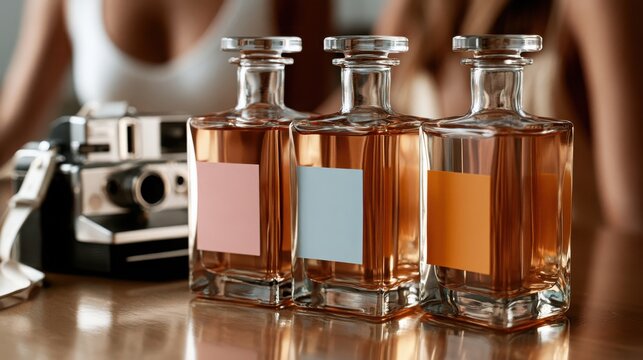 Elegant perfume glass bottles with labels. Concept for cosmetic ads.