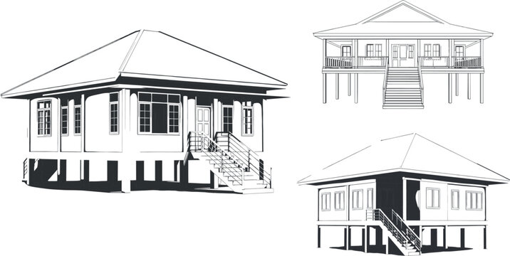 Traditional elevated stilt house architectural sketch set showing front elevation and perspective views for design templates
