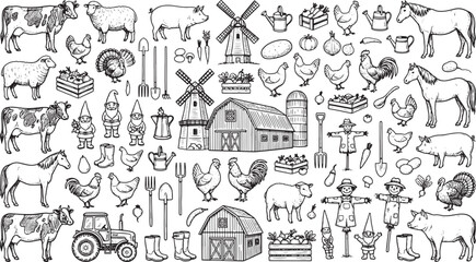 Fototapeta premium Hand drawn farm elements collection featuring livestock animals buildings tools and garden accessories in sketch style vector