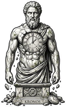 Ancient Greek statue of Kronos with clock dial isolated on transparent background antique marble sculpture sticker for mythology apparel merchandise branding print