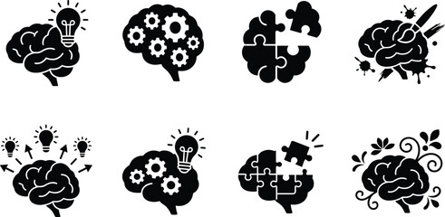 Human brain creativity icon set with eight black vector silhouettes showing ideas, problem solving, art, innovation, and imagination © Chandona