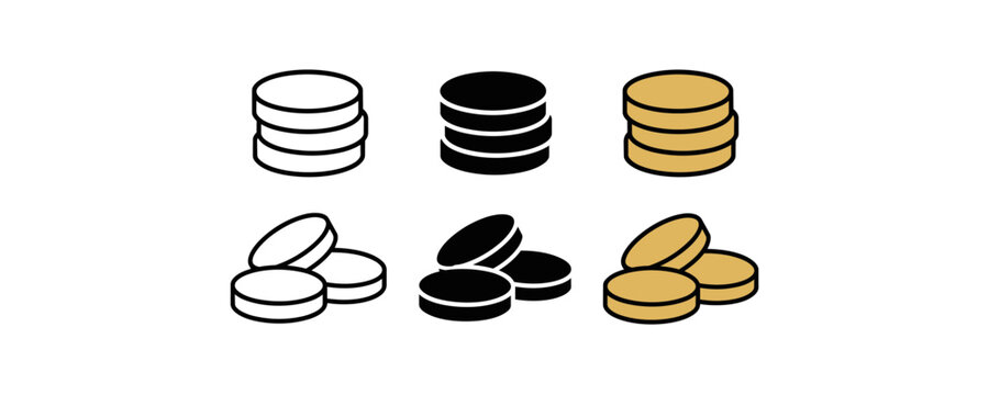 Set of colorful coin illustrations in black, white, and gold variations.