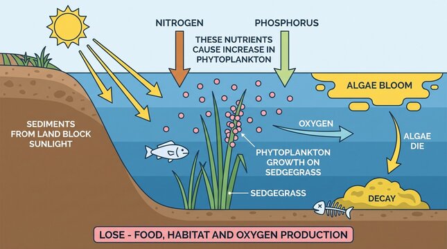 Educational diagram of aquatic ecosystem eutrophication and decay