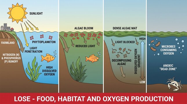 Process of eutrophication and development of aquatic dead zones