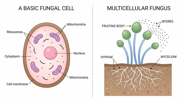 Anatomy of a basic fungal cell and multicellular fungus diagram