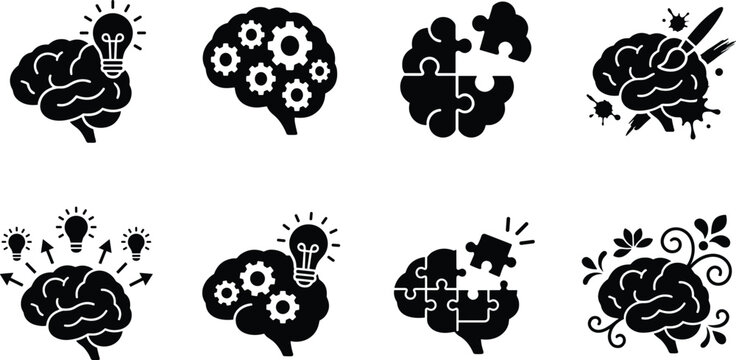 Human brain creativity icon set with eight black vector silhouettes showing ideas, problem solving, art, innovation, and imagination