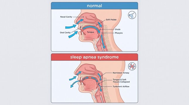 Medical diagram comparing normal breathing and sleep apnea syndrome