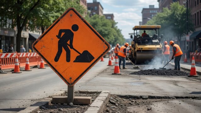 Construction zone features workers, machinery, and caution signs highlighting urban development
