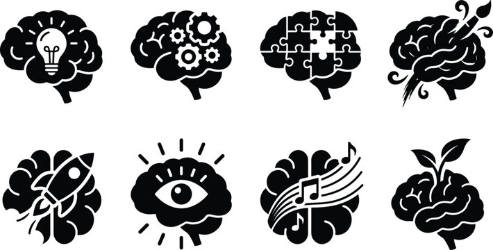 Human brain creativity icon set with eight black vector silhouettes showing innovation, problem solving, art, music, and growth