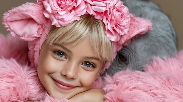 Slow dolly tracking shot of young girl in pink fluffy animal costume transitioning from neutral expression to smile with elephant plush in studio