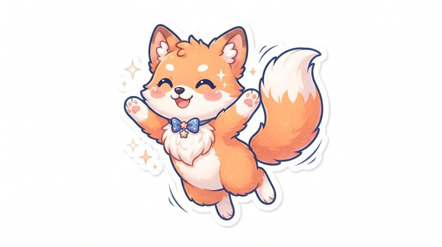 Kawaii fox mascot featuring fluffy orange fur, oversized sparkling eyes, rosy cheeks and a playful smiling expression. 