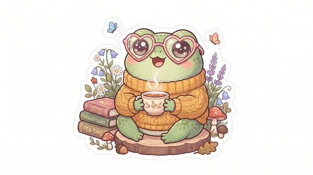 Cute kawaii chibi tree frog reading a vintage book while wearing a cozy knitted sweater and glasses. Adorable cottagecore sticker illustration isolated on a white background.