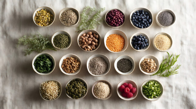 A variety of legumes, seeds, and berries in small bowls arranged in a grid on a white fabric background. Perfect for healthy food and vegan concepts.