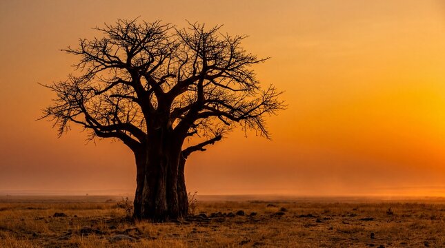 Silhouetted nature views, a solitary baobab tree silhouette under a stunning gold sunset sky