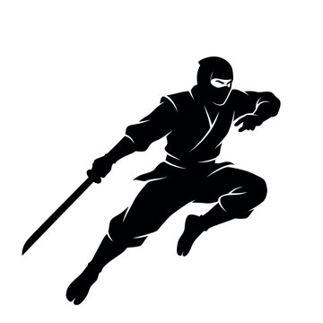 A clean black and white ninja silhouette in a dynamic leaping pose holding a katana
