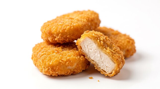Golden crispy fried chicken nuggets stacked on a clean white background with one piece cut open to reveal tender meat.