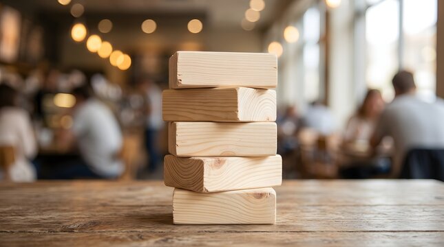 Stack of Five Wooden Blocks on Rustic Table in Cafe, Business Growth Concept