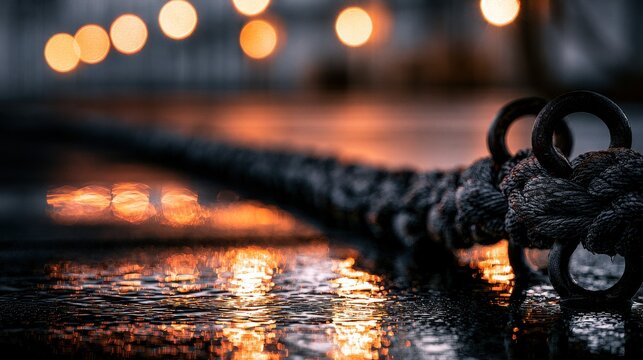 Moored ship rope on wet dock. Maritime industry logistics concept.