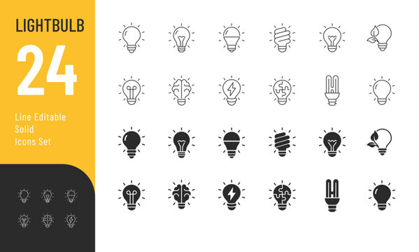 light Bulb Line Editable and Glyph Solid Icons set. Vector illustration in a modern minimalist clean style of various shapes light bulb. Isolated on transparent background.