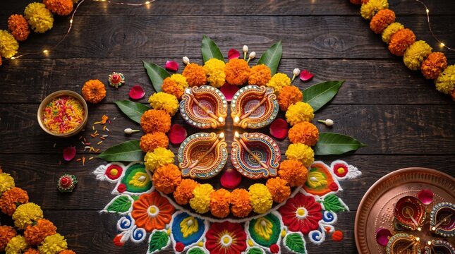 Vibrant Diwali decorations with diyas and marigolds on wooden background